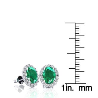 2 1/4 Carat Oval Shape Emerald and Halo Diamond Earrings In Sterling Silver