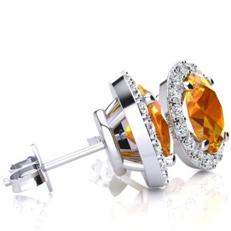 2 1/4 Carat Oval Shape Citrine and Halo Diamond Earrings In Sterling Silver