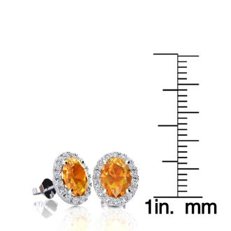 2 1/4 Carat Oval Shape Citrine and Halo Diamond Earrings In Sterling Silver
