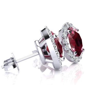 2 1/4 Carat Oval Shape Ruby and Halo Diamond Earrings In Sterling Silver