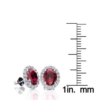 2 1/4 Carat Oval Shape Ruby and Halo Diamond Earrings In Sterling Silver