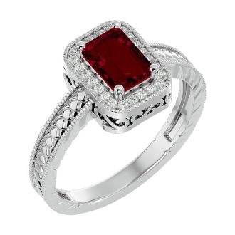1.12 Carat Antique Style Ruby and Diamond Ring in 10 Karat White Gold