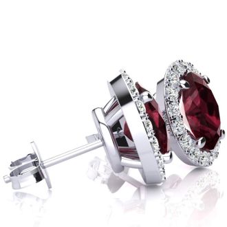 2 1/4 Carat Oval Shape Garnet and Halo Diamond Earrings In Sterling Silver