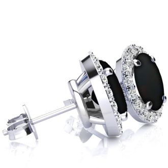 2 1/4 Carat Oval Shape Black Onyx and Halo Diamond Earrings In Sterling Silver