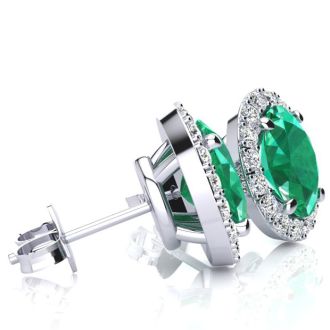 2 3/4 Carat Oval Shape Emerald and Halo Diamond Earrings In Sterling Silver