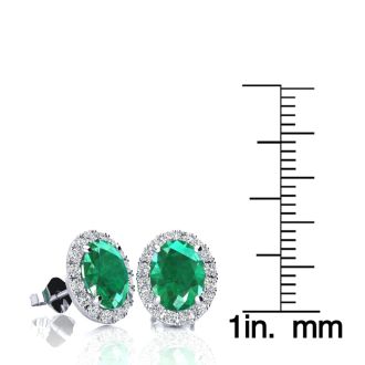 2 3/4 Carat Oval Shape Emerald and Halo Diamond Earrings In Sterling Silver