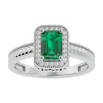1.12 Carat Antique Style Emerald and Diamond Ring in 10 Karat White Gold