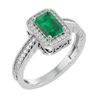 1.12 Carat Antique Style Emerald and Diamond Ring in 10 Karat White Gold