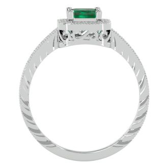 1.12 Carat Antique Style Emerald and Diamond Ring in 10 Karat White Gold