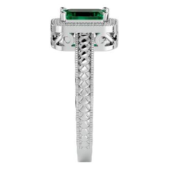 1.12 Carat Antique Style Emerald and Diamond Ring in 10 Karat White Gold