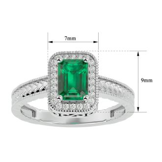 1.12 Carat Antique Style Emerald and Diamond Ring in 10 Karat White Gold