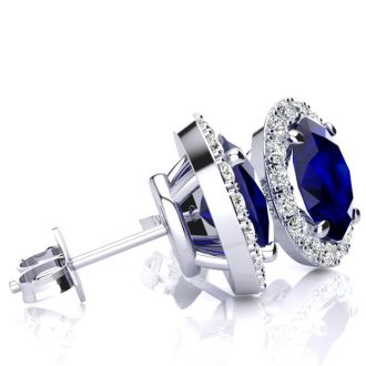 2 3/4 Carat Oval Shape Sapphire and Halo Diamond Earrings In Sterling Silver
