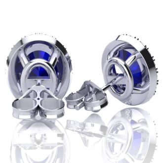 2 3/4 Carat Oval Shape Sapphire and Halo Diamond Earrings In Sterling Silver