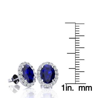2 3/4 Carat Oval Shape Sapphire and Halo Diamond Earrings In Sterling Silver