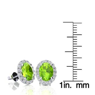 2 3/4 Carat Oval Shape Peridot and Halo Diamond Earrings In Sterling Silver