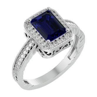 2 Carat Antique Style Sapphire and Diamond Ring in 14 Karat White Gold