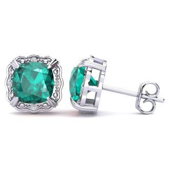 2 Carat Cushion Cut Emerald and Diamond Earrings In Sterling Silver