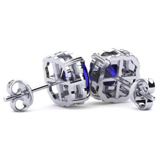 2 Carat Cushion Cut Sapphire and Diamond Earrings In Sterling Silver