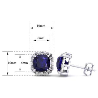 2 Carat Cushion Cut Sapphire and Diamond Earrings In Sterling Silver