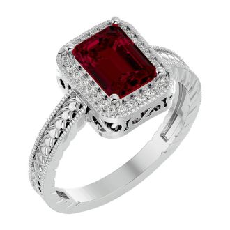 2 Carat Antique Style Ruby and Diamond Ring in 14 Karat White Gold