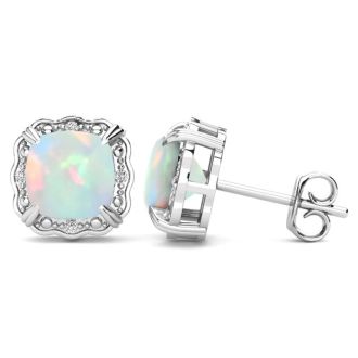2 Carat Cushion Cut Opal and Diamond Earrings In Sterling Silver