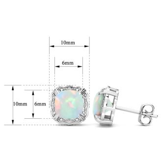 2 Carat Cushion Cut Opal and Diamond Earrings In Sterling Silver