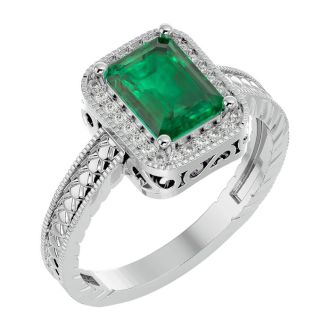 2 Carat Antique Style Emerald and Diamond Ring in 14 Karat White Gold
