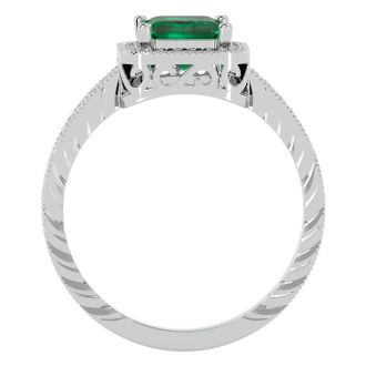 2 Carat Antique Style Emerald and Diamond Ring in 14 Karat White Gold