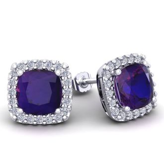 2 1/4 Carat Cushion Cut Amethyst and Halo Diamond Earrings In Sterling Silver