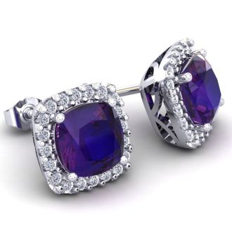 2 1/4 Carat Cushion Cut Amethyst and Halo Diamond Earrings In Sterling Silver