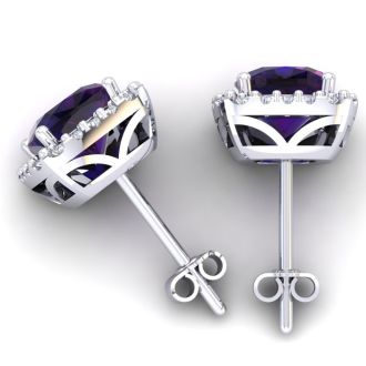 2 1/4 Carat Cushion Cut Amethyst and Halo Diamond Earrings In Sterling Silver