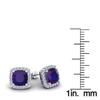 2 1/4 Carat Cushion Cut Amethyst and Halo Diamond Earrings In Sterling Silver