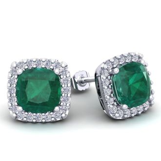 2 1/4 Carat Cushion Cut Emerald and Halo Diamond Earrings In Sterling Silver