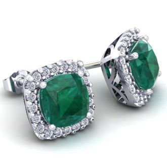 2 1/4 Carat Cushion Cut Emerald and Halo Diamond Earrings In Sterling Silver