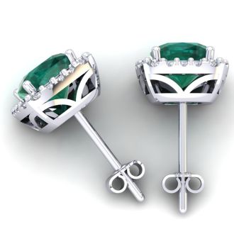 2 1/4 Carat Cushion Cut Emerald and Halo Diamond Earrings In Sterling Silver