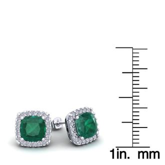 2 1/4 Carat Cushion Cut Emerald and Halo Diamond Earrings In Sterling Silver