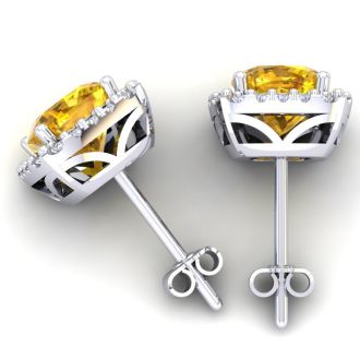 2 1/4 Carat Cushion Cut Citrine and Halo Diamond Earrings In Sterling Silver