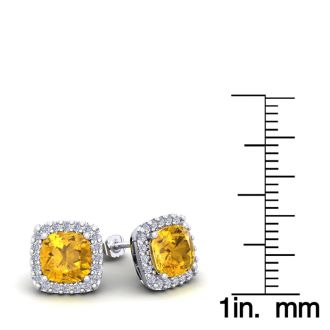 2 1/4 Carat Cushion Cut Citrine and Halo Diamond Earrings In Sterling Silver