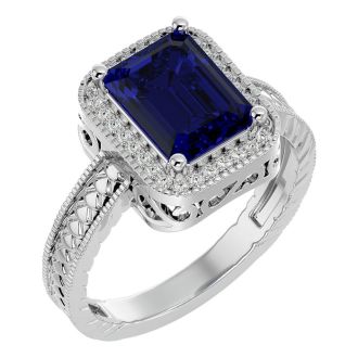 2 1/2 Carat Antique Style Sapphire and Diamond Ring in 14 Karat White Gold