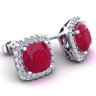 2 1/4 Carat Cushion Cut Ruby and Halo Diamond Earrings In Sterling Silver