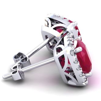 2 1/4 Carat Cushion Cut Ruby and Halo Diamond Earrings In Sterling Silver