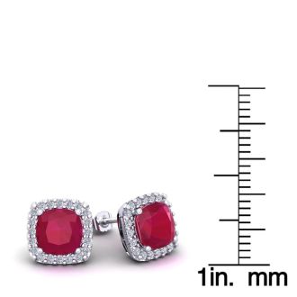 2 1/4 Carat Cushion Cut Ruby and Halo Diamond Earrings In Sterling Silver