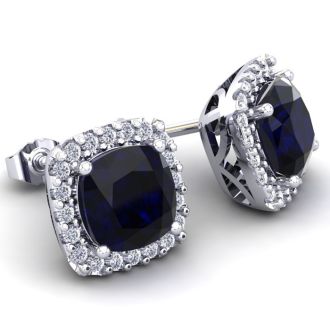 2 1/4 Carat Cushion Cut Sapphire and Halo Diamond Earrings In Sterling Silver