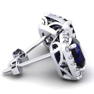 2 1/4 Carat Cushion Cut Sapphire and Halo Diamond Earrings In Sterling Silver