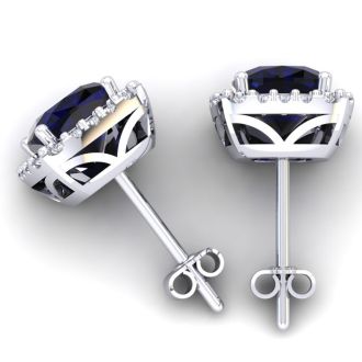 2 1/4 Carat Cushion Cut Sapphire and Halo Diamond Earrings In Sterling Silver
