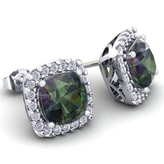 2 1/4 Carat Cushion Cut Mystic Topaz and Halo Diamond Earrings In Sterling Silver