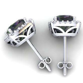 2 1/4 Carat Cushion Cut Mystic Topaz and Halo Diamond Earrings In Sterling Silver