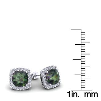 2 1/4 Carat Cushion Cut Mystic Topaz and Halo Diamond Earrings In Sterling Silver