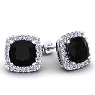 2 1/4 Carat Cushion Cut Black Onyx and Halo Diamond Earrings In Sterling Silver