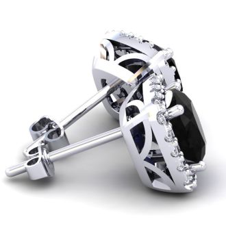 2 1/4 Carat Cushion Cut Black Onyx and Halo Diamond Earrings In Sterling Silver